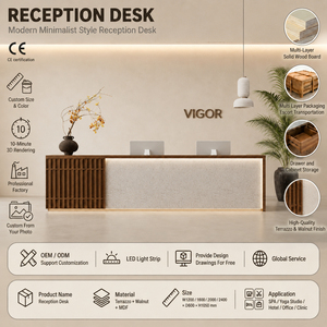 Bancone Reception Moderno Wabi-Sabi in Terrazzo e Legno di Noce con Illuminazione a LED per SPA, Yoga, Hotel, Ufficio - Product Image 1