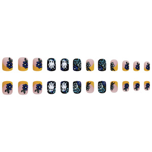 Halloween estilo lindo Prensa en <span class=keywords><strong>uñas</strong></span> postizas <span class=keywords><strong>amarillo</strong></span> francés fantasma calavera flor <span class=keywords><strong>diseño</strong></span> corto cuadrado <span class=keywords><strong>amarillo</strong></span> <span class=keywords><strong>uñas</strong></span> artificiales - Product Image 3