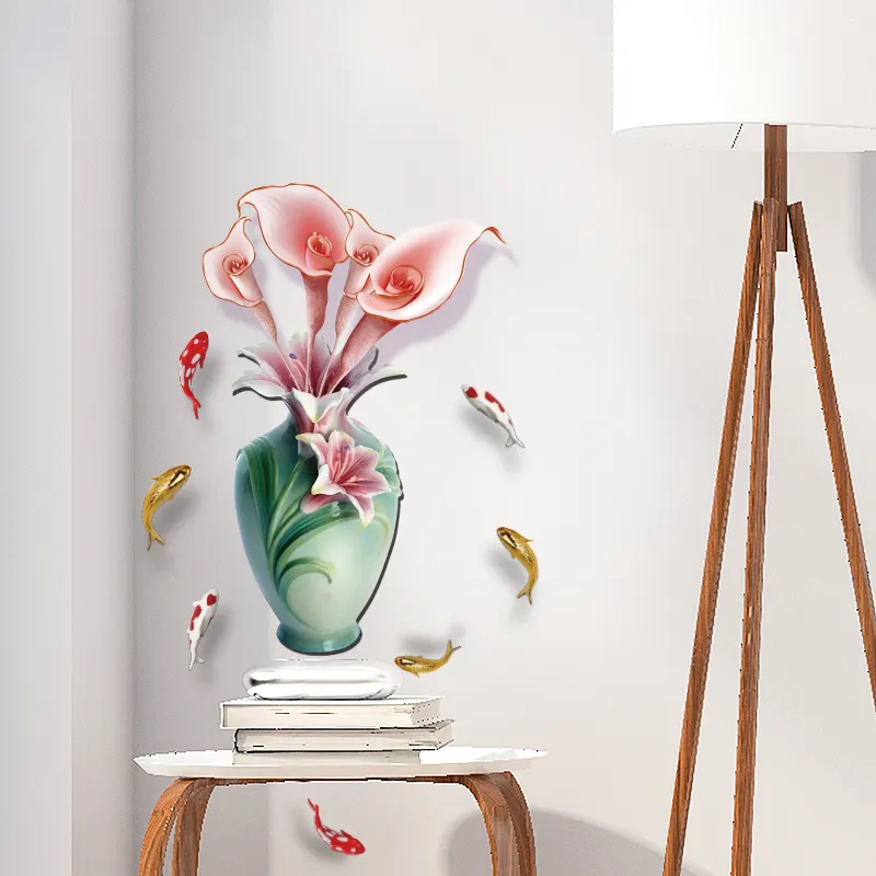 Yiياو الصانع ثلاثية الأبعاد الإغاثة محاكاة زهرة الزنبق مزهرية مزخرفة بالجملة خلفية ملصقات جدار ذاتية اللصق