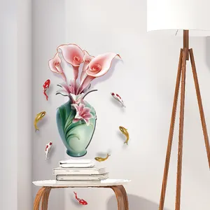 YIYAO Manufacturer Stiker Dinding Perekat 3d, Kertas Dinding Dekoratif Vas Bunga Lily Simulasi Relief