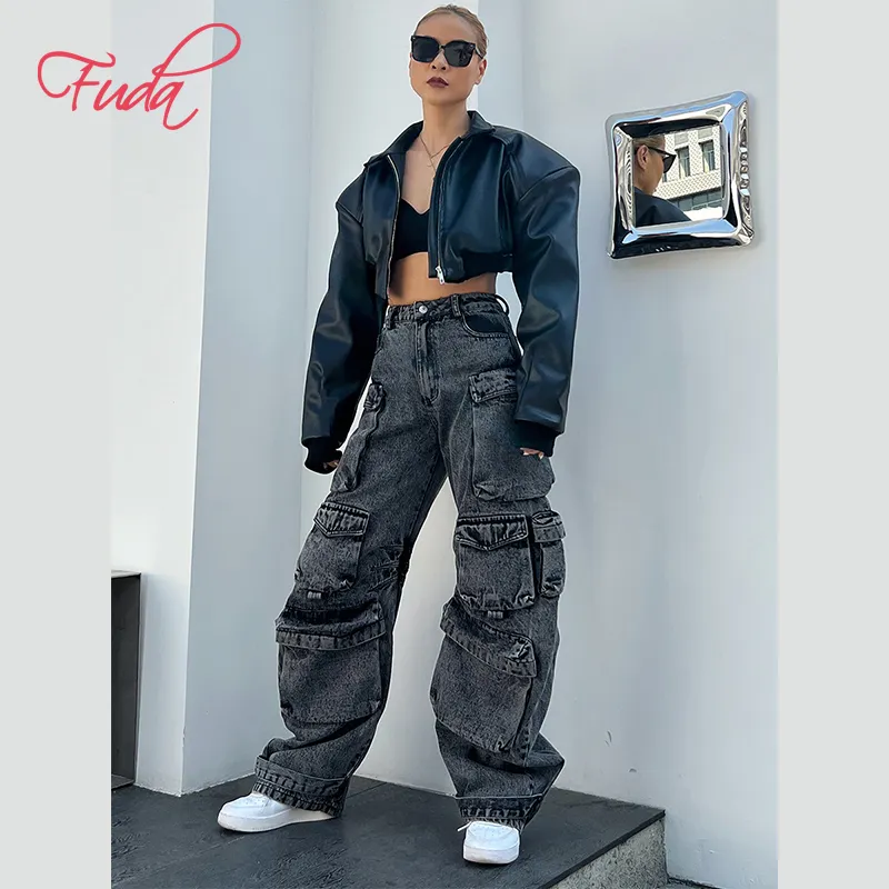 FUDA AG20 Damen Baggy Hose Hochhaus Multi Pockets Faded Washed Denim Boyfriend Style Wide Leg Custom Jeans für Frauen