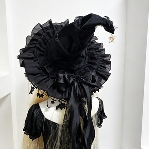 Sombrero de Bruja de Halloween con Encaje, Estrella, Luna, Lazo y Cinta Larga para Cosplay y Fiestas - Product Image 1