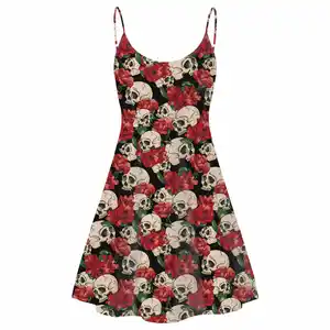 Retro Dresses For Women Classic Head Skull And Red Rose Flowers Floral Print Slip Dress Sexy Backless Bodycon Girl's Party Skirt