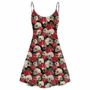 Robe Slip Style Rétro Femme Rouge Rose Fleurs et Crâne Imprimé Sexy Dos Nu Moulante avec Taille Empire pour la Fête des Filles - Product Image 1