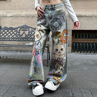 Pantalon large vintage effet vieilli coupe droite - Jean en denim imprimé chat, lapin et chien style streetwear américain