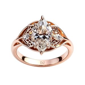 Bague en argent sterling 925 plaqué or rose avec topaze blanche de forme marquise, design feuille filigranée, bague de fiançailles vintage - Product Image 1