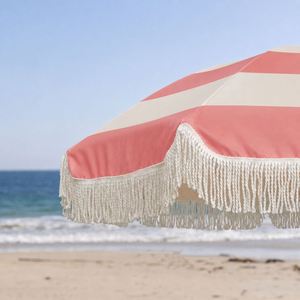 Hot <b>Sale</b> Luxury Pink and White Boho Beach Umbrella Parasol with Tassel Fringe Outdoor Sun <b>Shade</b> for Garden Resort Patio Wedding - Product Image 4