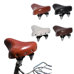 Comfortable Road Bike Seat Soft Wide Thicken Bicycle Saddle Vintage White Black Leather Pad With Spring Cycling Parts