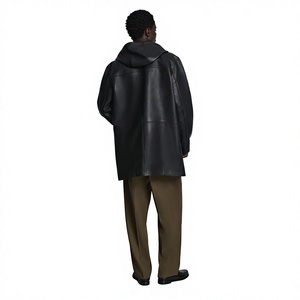 <b>Men's</b> Genuine Leather Eco-Friendly Breathable Waterproof Anti-Wrinkle Mandarin Collar Double Breasted Long Winter <b>Overcoat</b> - Product Image 3