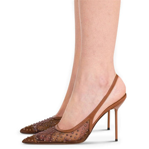 Sandalias de malla transpirable sexys para mujer con tira trasera, tacones altos y delgados, zapatos de tacón de aguja con pequeños diamantes de imitación, estilo slingback para vestir - Product Image 5