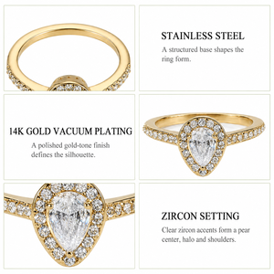 Pear Zircon Halo <b>Ring</b> Stainless <b>Steel</b> 14K Gold Vacuum Plated Pavé Shoulder Teardrop Statement <b>Ring</b> - Product Image 2