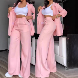 Phụ Nữ Thanh Lịch Phong Cách Giản Dị Mùa Hè Ve Áo Phù Hợp Với Với Nút Trang Trí Mô Hình Rắn Quần Thẳng Của Phụ Nữ Bộ - Product Image 1