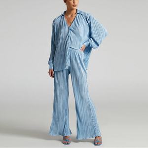Nuevo Diseño, Venta Caliente, Ropa de Lino Otoñal, Camisa Informal Modesta, Pantalones de Cintura Alta, Traje de Dos Piezas de Lino a Rayas para Mujer - Product Image 1