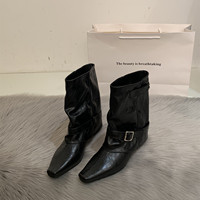 Bottes courtes décontractées pour femme en faux daim, style western classique, à bout pointu, talon bas, avec détails métalliques latéraux, prêtes à être expédiées