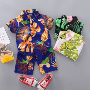 Ensemble de vêtements pour garçons, mode été 2021, vêtements pour enfants, imprimé dessin animé, feuilles de plage, fleurs, chemise à manches courtes, shorts, pour les vacances - Product Image 3