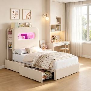 <span class=keywords><strong>Letto</strong></span> <span class=keywords><strong>matrimoniale</strong></span> in peluche best-seller con rivestimento in velluto, luci LED integrate e <span class=keywords><strong>testiera</strong></span> con 2 cassetti contenitore, struttura <span class=keywords><strong>letto</strong></span> a piattaforma - Product Image 1