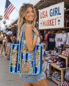 Sac fourre-tout bohème en velours avec motif léopard bleu, sac de plage d'été, style féminin - Product Image 1