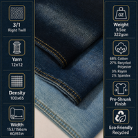 Tissu en jean recyclé écologique 12x12, fil 100x65, sergé 3x1, 9,5 oz, 153 cm, pré-rétréci, extensible, pour vestes et sacs en jean