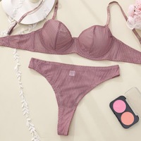 Ensemble 2 pièces soutien-gorge à armatures et string pour femme, en maille transparente unie, lingerie confortable, sexy et respirante pour adultes