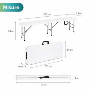 Banc pliant en plastique 180x29x43 cm, blanc, en résine, pour l'extérieur, camping - Product Image 2
