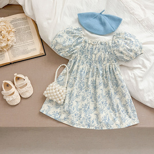 Robe d'été pour <span class=keywords><strong>filles</strong></span>, bleu floral, col carré, manches bouffantes, taille smockée, adorable robe d'été pour tout-petits, élégante, décontractée, vêtements d'été pour enfants - Product Image 3