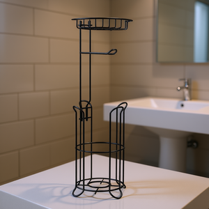 Porte-papier toilette sur pied avec étagère, design moderne et minimaliste en acier, forme circulaire, pour salle de bain - Product Image 2