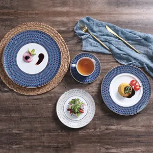 Restaurant Dinnerware Set Chinaware Gold Decal Luxury Christmas Dinner Set Royal Blue Plates Sets Dinnerware