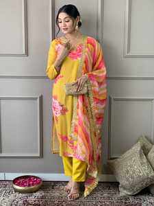 Vêtements ethniques de qualité supérieure ensemble de bas de Kurta en mousseline pure avec Dupatta séquence codage broderie travail femmes costumes - Product Image 4
