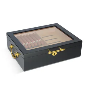 Customized Humidor Custom Logo Storage Manufacturer Wooden Cigar Boxes Glass Top Cigar Humidor