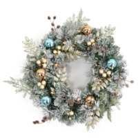 Guirlande de Noël floquée de neige avec des ornements dorés et turquoise - Guirlande de pin pré-décorée avec des lumières LED chaudes pour la décoration de porte de vacances