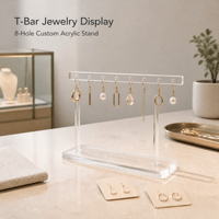 Présentoir à boucles d'oreilles en acrylique massif personnalisé en forme de T avec 8 trous, impression UV couleur, support à bijoux pour comptoir de boutique, vente au détail, OEM