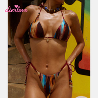 Tie-dye print driehoekige bikiniset, tie-side, lage taille, rugloze, tweedelige badpak, zomerstrandkleding, bikini badkleding, groothandel