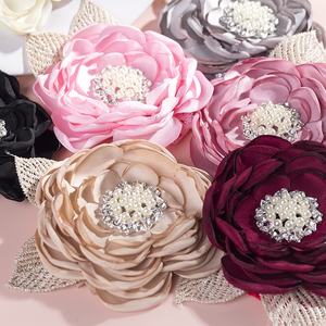 ربطة شعر دانتيل زهور من الساتان للأطفال ، فتاة بلون سادة زهرة أوراق ذهبية حجر الراين زينة لشعر الأطفال إكسسوارات شعر - Product Image 2