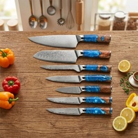 Ensemble de 7 couteaux de chef Santoku, lames en acier Damas, poignées écologiques ambidextres, finition brossée moderne