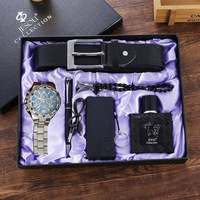 Set jam tangan kasual pria, 7 buah dengan dompet parfum kuarsa dengan tali kulit olahraga Set hadiah