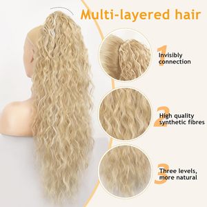 Ekstensi rambut ponytail wanita 30 inci, rambut sintetis pirang super gelombang, tampak alami, tebal, dengan klip jepit pre-bonded 140g - Product Image 3
