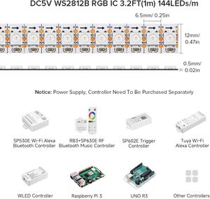 Tira de LED WS2812B de 1m, direccionable individualmente, PCB negro/blanco, impermeable IP44, 5050 RGB, 144 LEDs/m, 5V, con control por voz, NFC, USB - Product Image 2