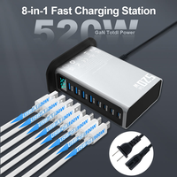 Cargador GaN de Escritorio de 520W y 8 Puertos con Pantalla LED Digital de Potencia, Carga Rápida USB C 100W PD3.0 para MacBook, Laptop, Tablet, Samsung
