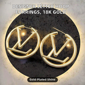 Pendientes <span class=keywords><strong>de</strong></span> <span class=keywords><strong>Aro</strong></span> Grandes <span class=keywords><strong>de</strong></span> Acero Inoxidable con Diseño <span class=keywords><strong>de</strong></span> Letra 'E' Chapados en <span class=keywords><strong>Oro</strong></span> <span class=keywords><strong>de</strong></span> 18K y Circonitas, <span class=keywords><strong>de</strong></span> Lujo, Antideslustre, Ideales para Fiestas, Venta al por Mayor - Product Image 2