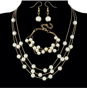 Moda gioielli di perle set di Tre strati Collana di perle orecchini e bracciale set CM9341