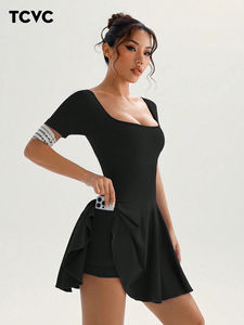 Yimo, mono deportivo de manga corta con cuello cuadrado para mujer, falda antitransparente para Fitness, conjunto para correr, traje de gimnasio ajustado de estiramiento alto para mujer - Product Image 3