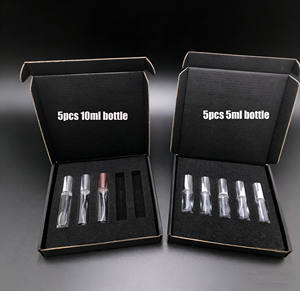 Caja de embalaje negra de lujo personalizada para 5 sets de regalo de muestras de perfume de 5 ml, hecha con materiales reciclados y forro de esponja. - Product Image 1