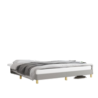 Lit plateforme moderne et minimaliste gris clair, taille King, en tissu rembourré respirant, structure KD, idéal pour appartement ou hôtel
