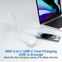 Cargador Rápido PD QC de 65W con 3 Puertos, Enchufe Europeo, Cargador de Pared Multipuerto con Doble Tipo-C y USB-A para Teléfono y Portátil con Cable Tipo-C