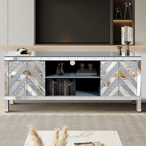 Mirrored TV <b>Stand</b> 65+ Inch Silver Console Table M Shape Sparkling <b>Mirror</b> Open Storage with 2 Cabinets - Product Image 1