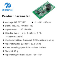 Módulo Lector RFID Inteligente ZHONGYAN 14443A 13.56MHz M1 con Interfaz UART RS232 DC 5V/12V 3-5cm Baud 9600-115200 Control de Acceso