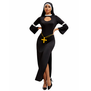 Nun Costume Dress With Cross Headband Black Long Sleeve Cosplay Role Play Halloween Outfit Women Adult Size M Xl - Product Image 2