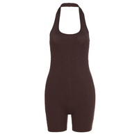 Kadın seksi tek parça Tank Top kolsuz Backless Bodycon şort tulumlar Bodysuit Bodysuit nervürlü katı örgü sıska