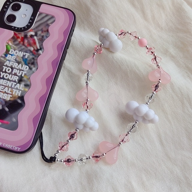 2025 Fashion Beaded Mobile Phone Chain Keychain Pink Crystal Heart Phone Chains Strap Sweet Cloud Pendant Mobile Phone Charm