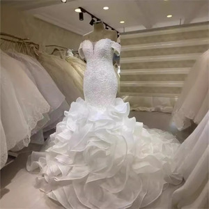 White Mermaid Wedding Dress Sweetheart Neckline Beaded Chiffon Train Formal Bridal Gown Size Plus - Product Image 2